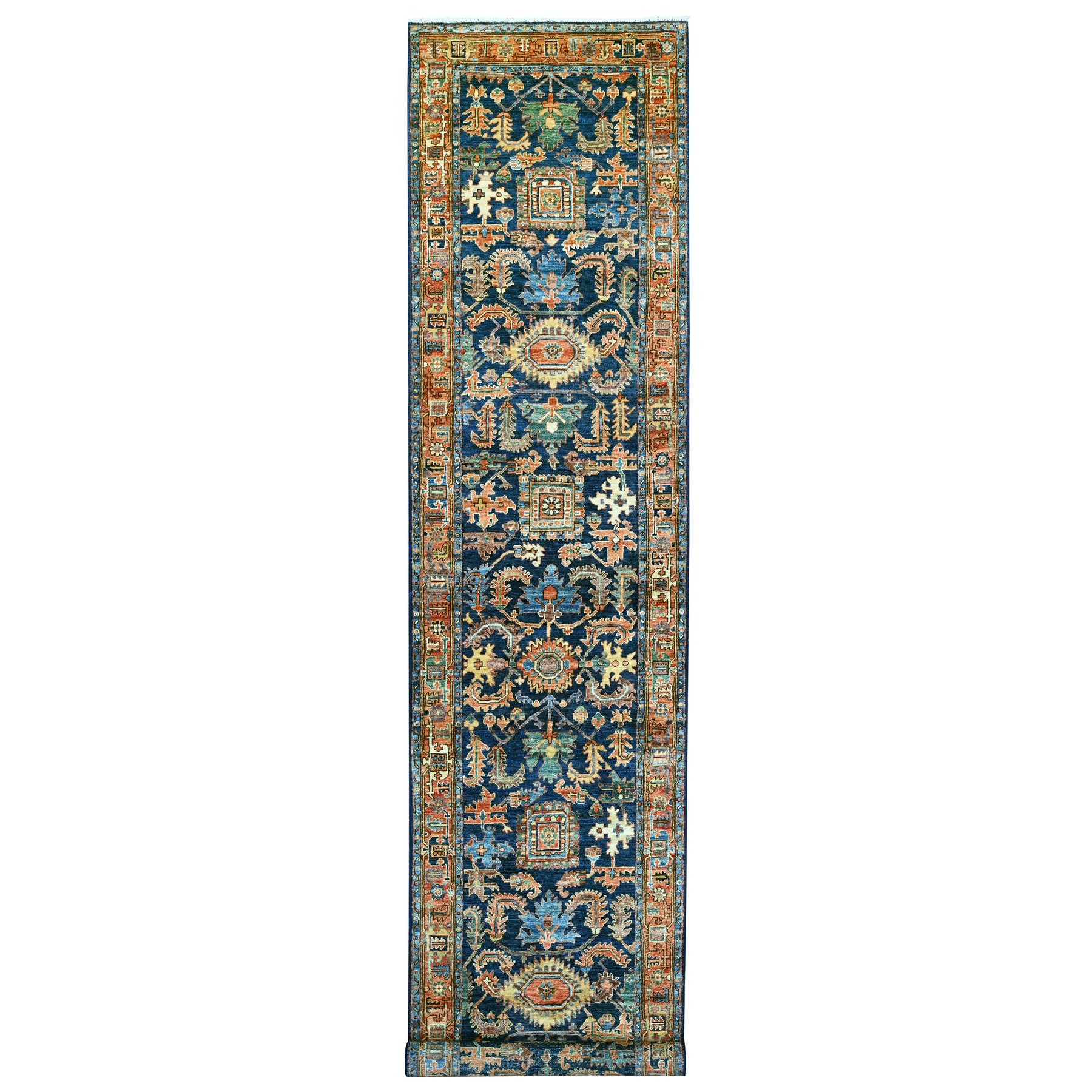 3'x15'7" Yale Blue, Northwest Persian with Serrated Gul Motif, Hand Knotted, Aryana Collection, Vegetable Dyes, Soft Pile, High Mountain Wool, Densely Woven, XL Runner, Oriental Rug 